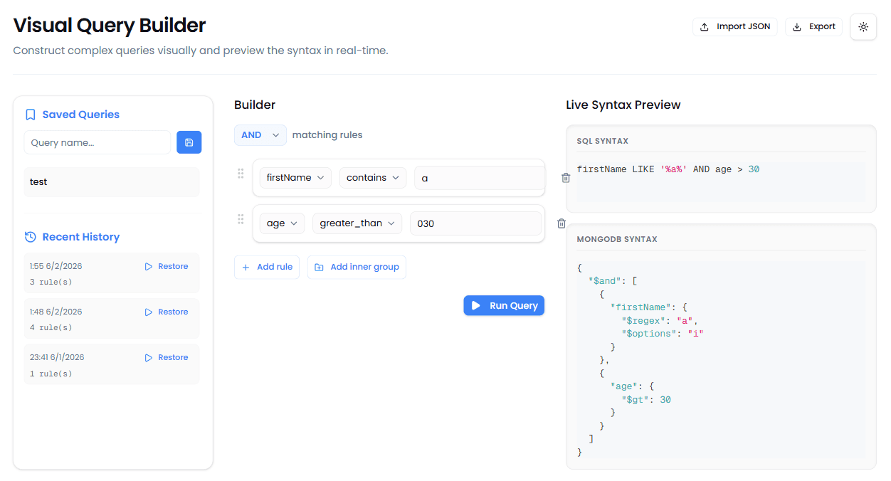 QueryLab Visual Builder Interface Light
