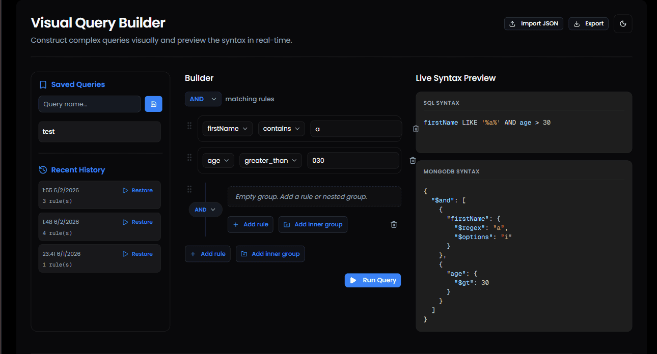 QueryLab Visual Builder Interface Dark
